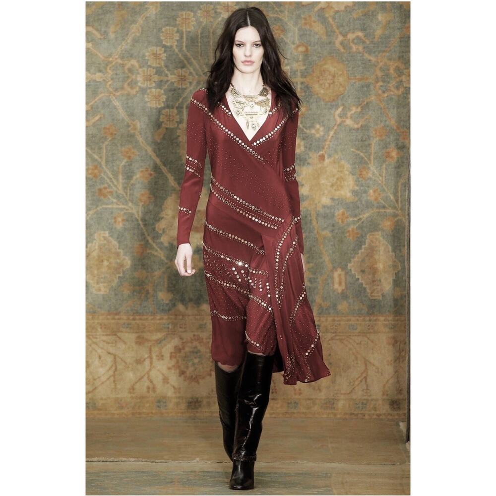 Tory Burch Rare Asymmetrical Burgendy Mirror Embellished Runway Dress 12